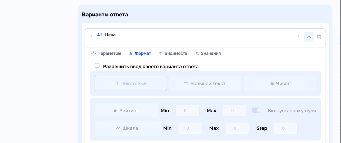 Вкладка «Формат»: свой вариант ответа и формат ввода