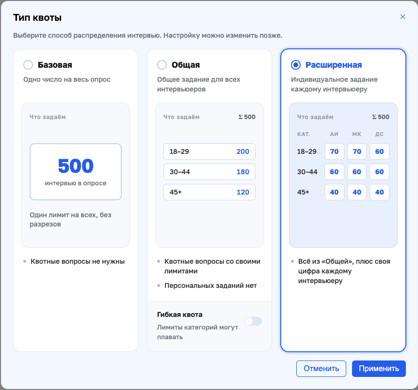 Окно «Тип квоты» с выбранным типом «Расширенная»
